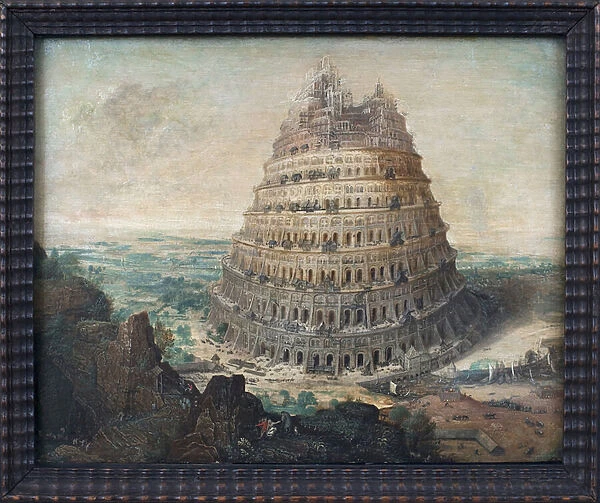 Babel Tower. Painting by Lucas Van Valkenborch (circa 1535-1597), oil on wood
