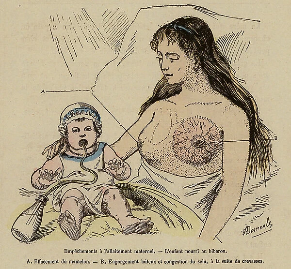 Baby feeding from a bottle due to its mother being able to breastfeed (coloured engraving)