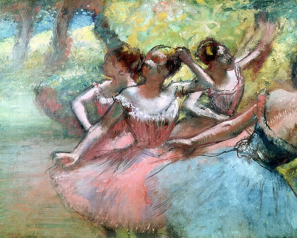 Four ballerinas on the stage (pastel)