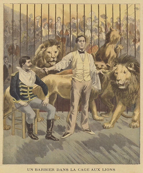 A barber in the lions cage (colour litho)