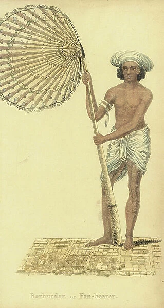 Barburdar, punkah wallah or fan bearer, in loincloth and turban, with fan made of a palmyra leaf. Handcoloured copperplate engraving by an unknown artist from '' Asiatic Costumes,'' Ackermann, London, 1828