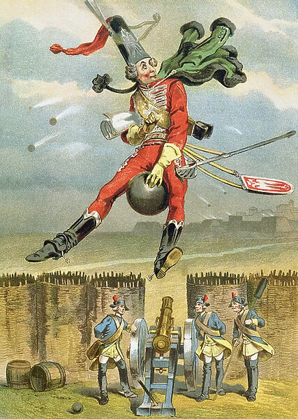 Baron Munchausen flying over the enemy lines on a cannon ball