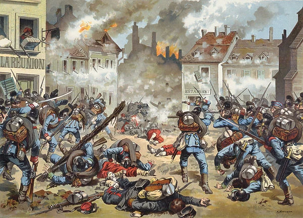 Battle in the streets of Bazeilles, Franco-Prussian War, 1 September 1870 (chromolitho)