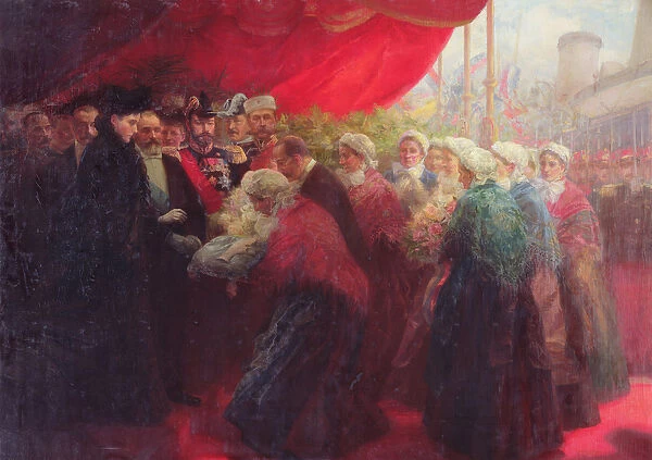 The Bazennes offering a silver fish to Alix of Hesse-Darmstadt, Empress of Russia