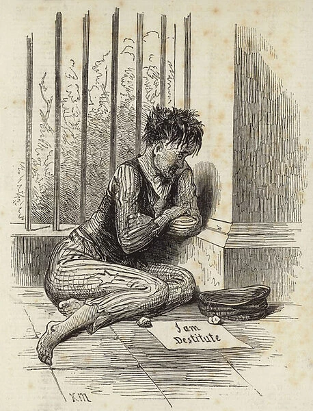 Beggar on the street with a sign reading I am Destitute (engraving)