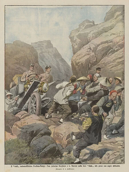 The Beijing-Paris car raid, Hon. Prince Borghese and L, Barzini in their Italy at... (colour litho)