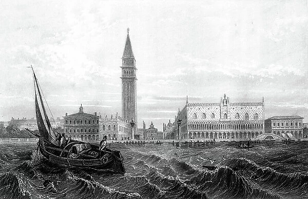 The bell tower of St. Mark's Basilica and the Doge's Palace, Venice, Italy, 1858
