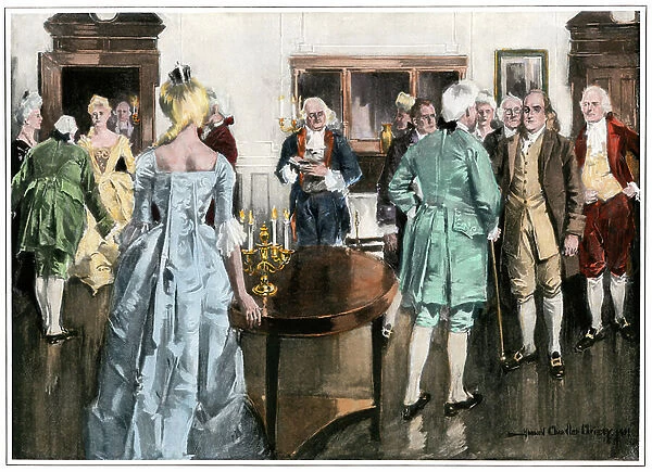 Benjamin Franklin (1706-1790) has a reception in an American colony (Philadelphia, Pennsylvania, USA) - Colorized reproduction of a 19th century illustration - Benjamin Franklin in a colonial drawing-room - Hand-colored halftone reproduction of a