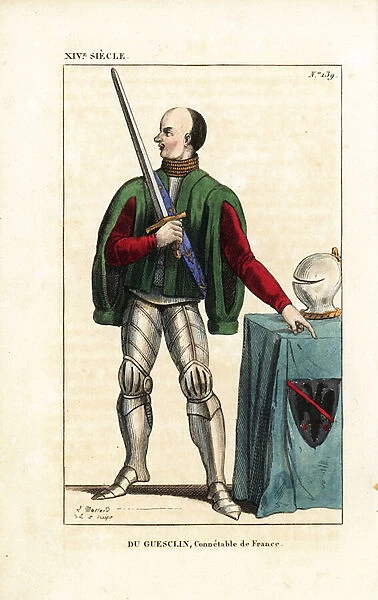 Bertrand du Guesclin, Constable of France, 1314-1380. He wears a velvet pelisse over plate armour, holds the constables sword. On a table is a helm and Guesclin blazon: argent, sable eagle, band gules. From an ancient drawing