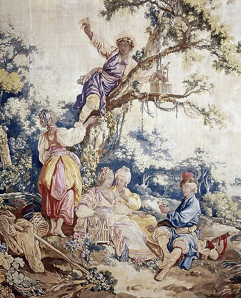 The bird denicher, curtain of the Russian games, detail of the central group. Tapestry by Jean-Baptiste Le Prince (Jean Baptiste Leprince, 1734-1781) made by Beauvais's studio in Lower Lice. Wool and silk. Dim: 400x365cm