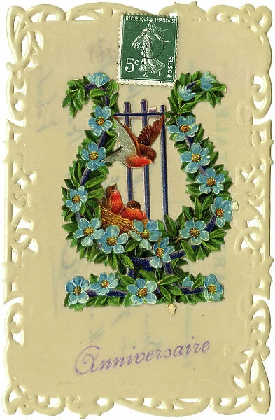 Birthday greeting postcard: lyre with flowers and birds in a nest. The beginning of the 20th century
