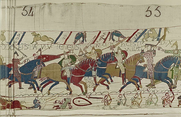 Bishop Odo Urges on the Young Soldiers, Bayeux Tapestry (wool embroidery on linen)