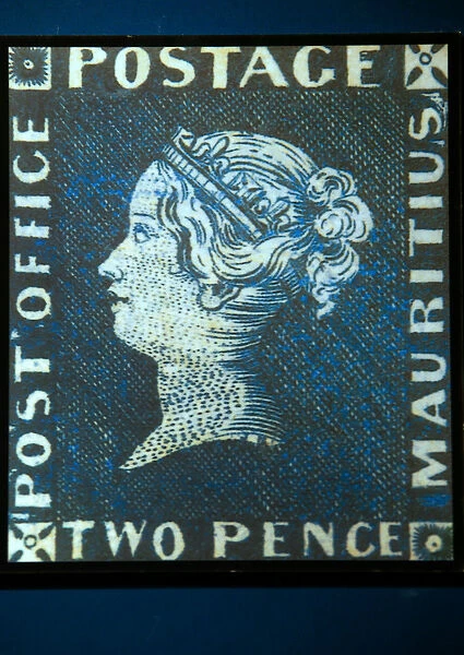 Blue Mauritius postage stamp, 1847 (colour engraving)