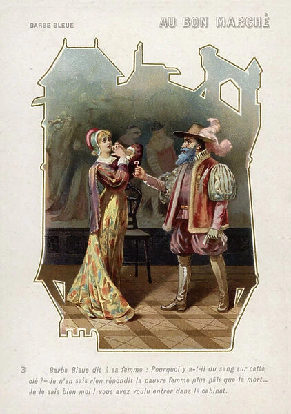 Bluebeard confronts his wife after discovering blood on the key to the forbidden room (chromolitho)