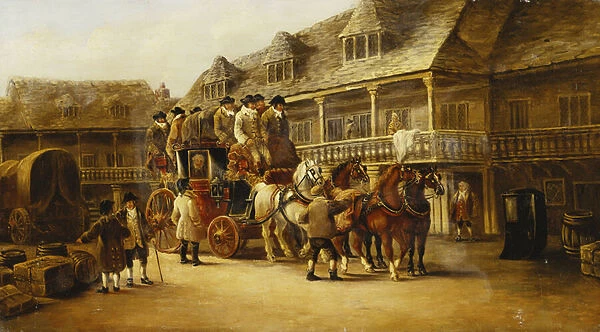 Boarding the Coach to London, 1879 (oil on canvas)