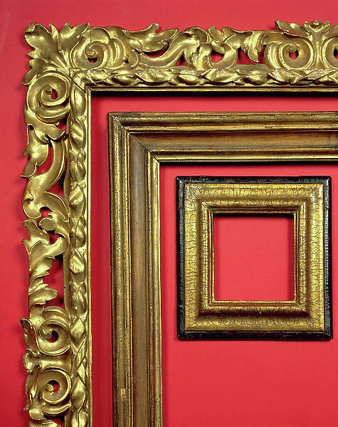 Bolognese 17th century carved and gilded frame with tied and imbricated leaf to inner edge, the outer part consisting of pierced acanthus scrollwork; Roman mid 18th century carved