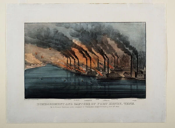 Bombardment and Capture of Fort Henry, Tenn, c. 1862 (colour litho)