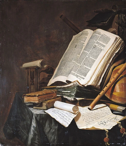 Books and Musical Instruments (oil on panel)