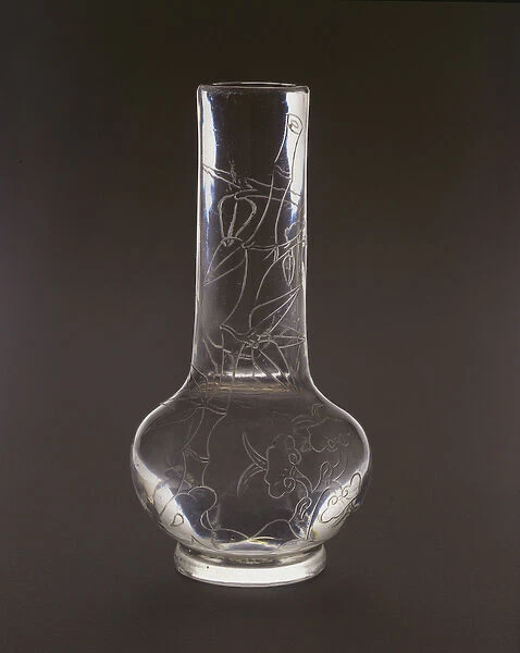 Bottle engraved with bamboo, lingzhi fungus plants and rocks, Qianlong mark and period