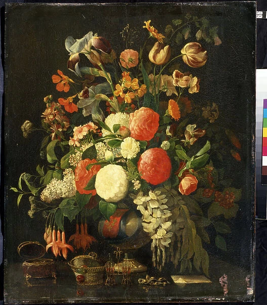 'Bouquet de fleurs'(Flowers) Sur la table sont poses des coffrets a bijoux. Peinture de Rachel Ruysch (1664-1750) 18eme siecle Mikhail Kroshitsky Art Museum, Sevastopol (Sebastopol) Ukraine