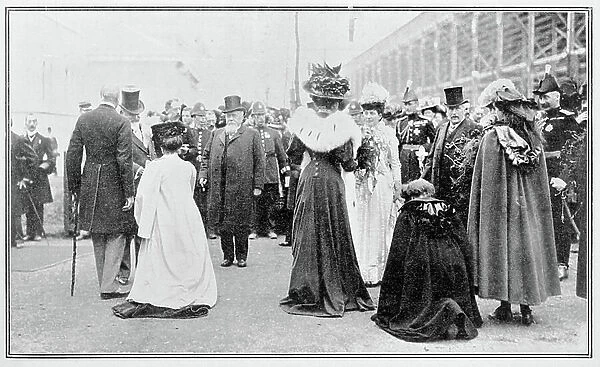 Bouquets being presented by red-cloaked Irish girls at the Franco-British Exhibition, 1908 (b / w photo)