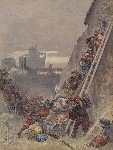 Bourbon est tue a l assaut de Rome, le 6 mai 1527 (colour litho)