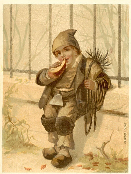 Boy eating a crust of bread (chromolitho)