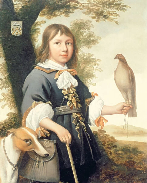 Boy with a falcon and a greyhound (oil on canvas)