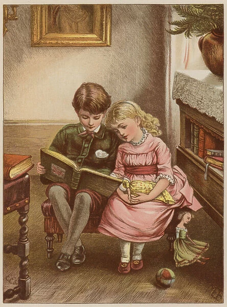 Boy and girl reading book (chromolitho)