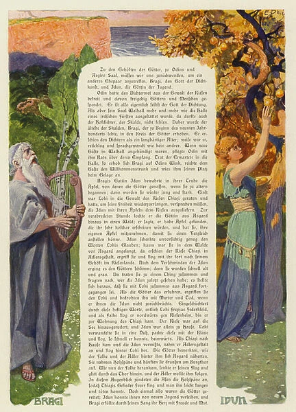 Bragi and Idunn, Norse god and goddess (colour litho)