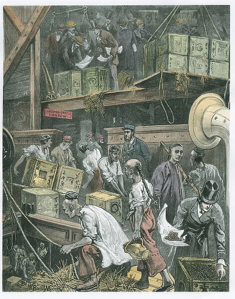 Breaking Bulk on Board a Tea Ship in the London Docks (engraving) (later colouration)