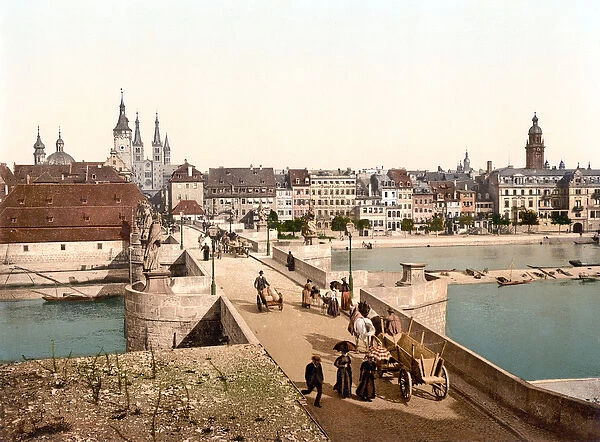 Bridge crossing the Rhine to Wurzburg, pub. c. 1895 (postcard chromolithograph)