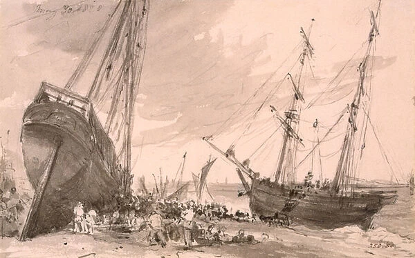 Brighton coastal scene with two ships in foreground, 30th May 1828 (w  /  c on paper)