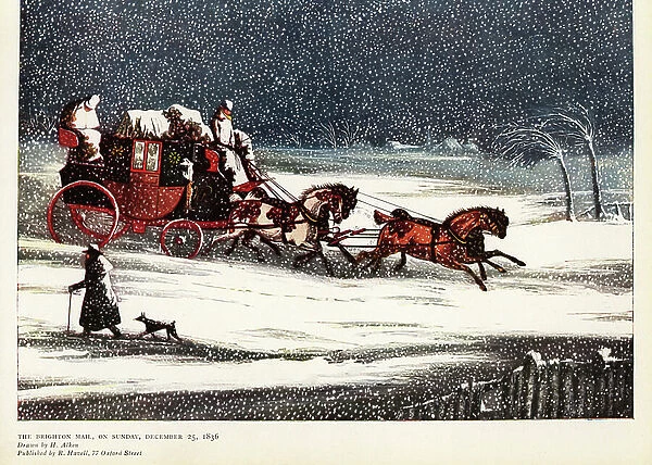 The Brighton mail coach driving in a snow storm on Sunday December 25, 1836. Color print after an illustration by Henry Alken in Ralph Nevill's Old Sporting Prints, The Connoisseur Magazine, London, 1908