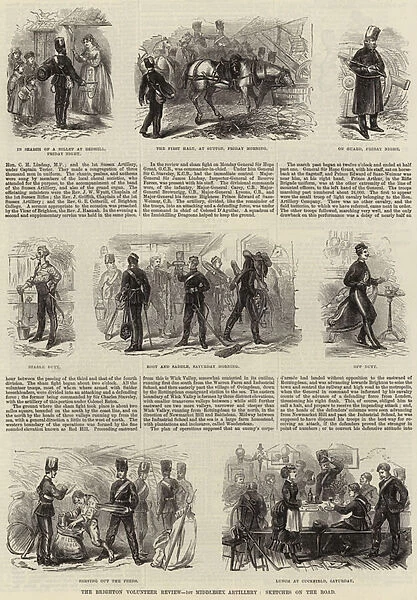The Brighton Volunteer Review, 1st Middlesex Artillery, Sketches on the Road (engraving)
