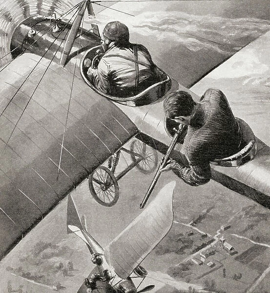 A British monoplane versus an Etrich-Rumpler Taube German monoplane during WWI (litho)