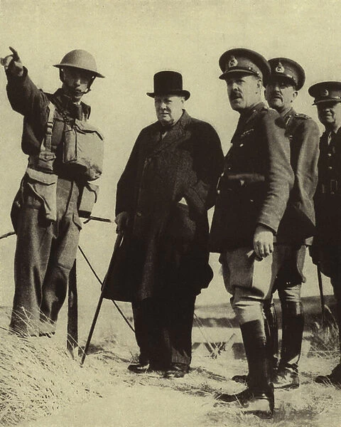 British Prime Minister Winston Churchill ispecting coastal defences in the south of England, accompanied by General Sir Alan Brooke and Major General G le Quesne Martel, World War II, 1940 (b  /  w photo)