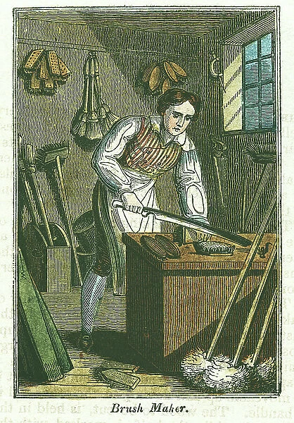 Brushmaker: Craftsman at bench prepares brushes to receiving backing. Around workshop are brooms, brushes and mops of various sizes, 1823 (engraving)
