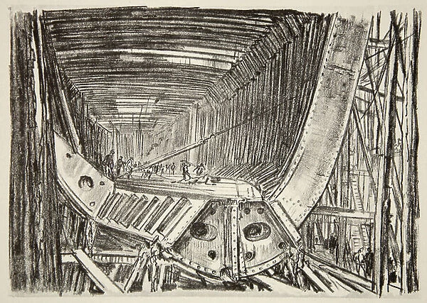 Building a standard ship, illustration from The Western Front, pub. by Country Life Ltd, 1917 (litho)