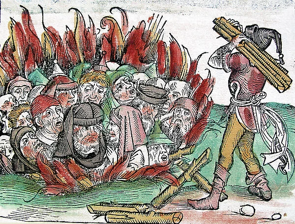 The burning of Jews in Germany shown in a coloured woodblock illustration from Liber Chronicarum (The Nuremberg Chronicle) By Hartmann Schedel(1493)