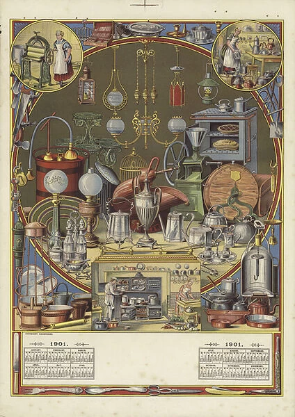 Calendar with a variety of kitchen implements (colour litho)