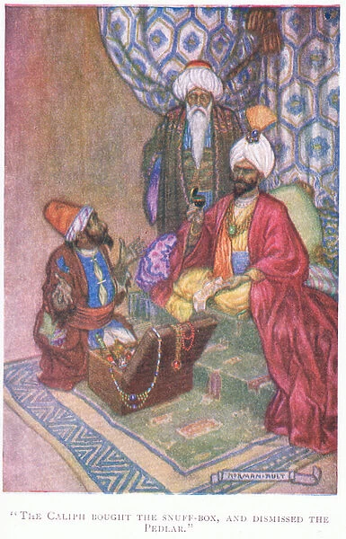 The caliph bought the snuff box and dismissed the pedlar, 1928 (colour litho)