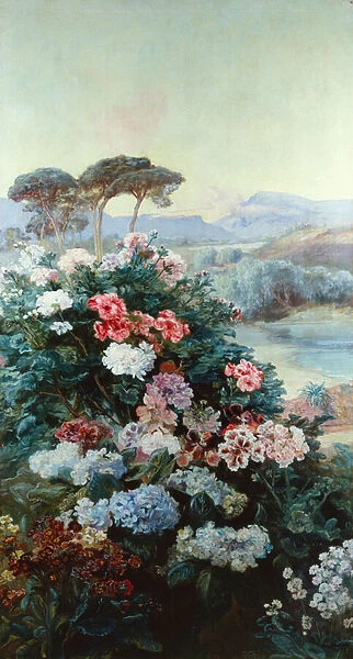 Camellias and other Flowers in a Landscape (oil on canvas)