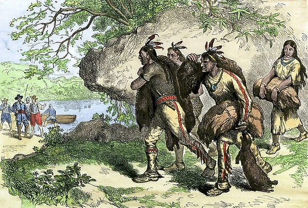 Canada: American Indians bringing beaver skins to white merchants. Colouring engraving of the 19th century