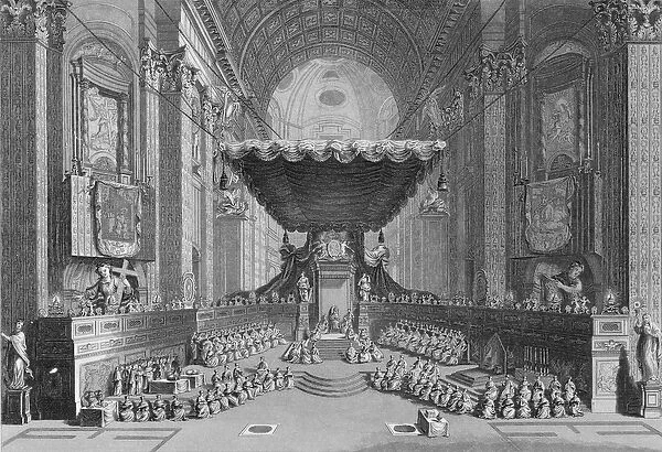 Canonization of Saints in St. Peters Church in Rome, in 1712, engraved by T