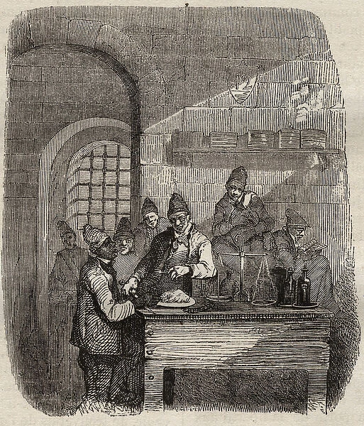 The canteen of the Brest bagne in the 19th century. Engraving in '