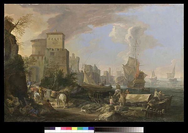 Capriccio (imaginary landscape) with scenes of life in a port city (painting)