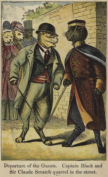 Captain Black and Sir Claude Scratch quarrel in the street (colour litho)