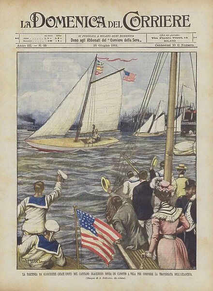 Captain Blackburns Departure From Gloucester (USA) Over A Dinghy Sailing For... (colour litho)