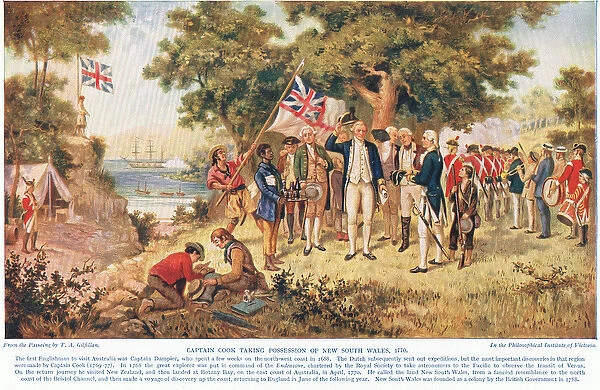 Captain Cook taking possession of New South Wales, c. 1910 (colour litho)